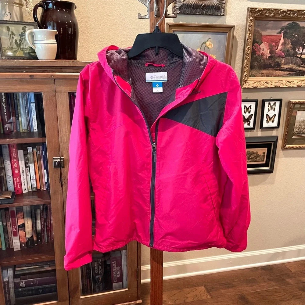 Columbia girls hooded windbreaker jacket full zip SZ L pink gray - Picture 3 of 13